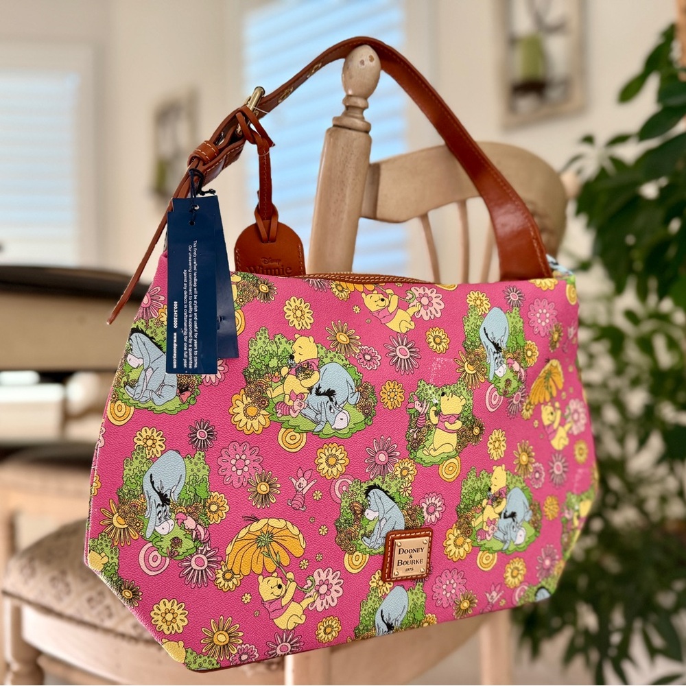 Dooney & Bourke Pink Floral Winnie the Pooh Shoulder Bag with Brown Leather Trim